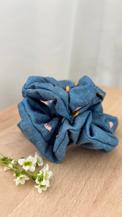 Scrunchie Jeansblau bunte Pünktchen